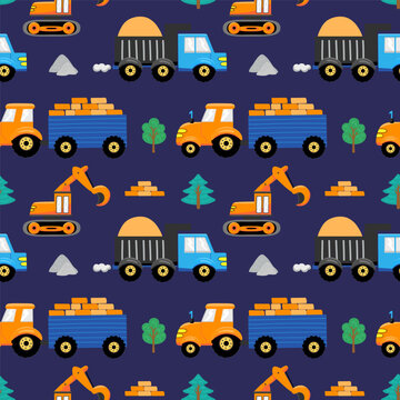 Seamless pattern with hand drawn transport. Tractor, truck and excavator. Cartoon background for Kids. Vector illustrations. Kids wallpaper design. Baby room design, wall decor, mural.