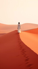 Fototapeta na wymiar a lady in the desert walking alone, AI generative, surrealism illustration 