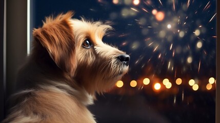 Dog carefully watching fireworks from a window. Generated with ai.