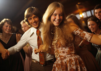 Un grupo de jóvenes bailando en una fiesta en los años 70 - obrazy, fototapety, plakaty