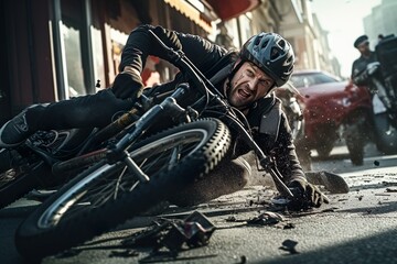 Fototapeta na wymiar Mann stürzt und baut Fahrradunfall