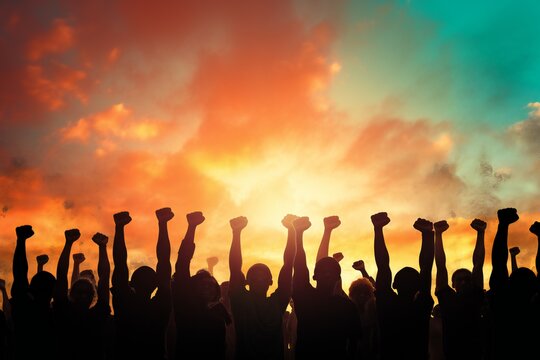 Multi Ethnic People Raising Their Fists Up In The Air