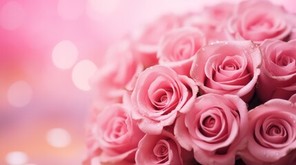 Fototapeta premium A romantic Valentine's atmosphere with gorgeous roses on a pink or blush pink background, enhanced by a beautiful blur effect. It's an ideal choice for greeting cards, wedding invitations, and gift