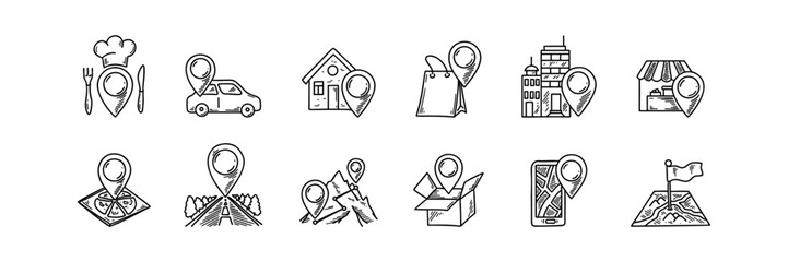 Map pin doodle icons. Set of restaurant, car service, office, store, home, hospital location. Mountain route trip. Hand drawn sketch vector illustration