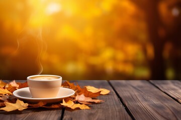 Naklejka na ściany i meble Coffee cup nestled among autumn leaves on a wooden table, with a softly blurred fall autumn background. High quality photo