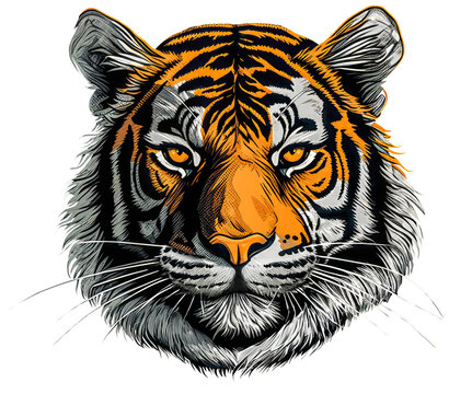 Tiger Face in Vibrant Comic Style: Dark Orange and Silver Tones, Generated image