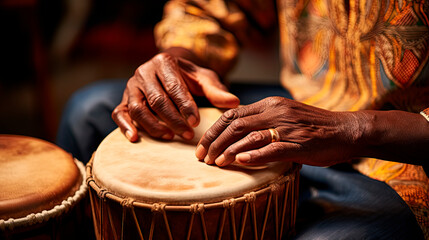 Close up  of hands drumming, vintage handmade haitian wood drum - obrazy, fototapety, plakaty