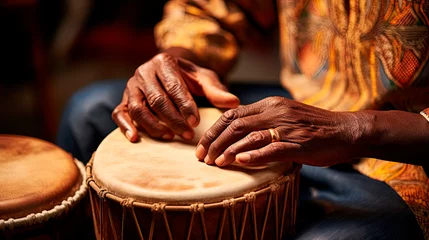 Fotobehang Close up  of hands drumming, vintage handmade haitian wood drum © Александр Марченко