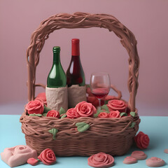 Fototapeta na wymiar Wicker basket with roses. bottle of wine and hearts on table