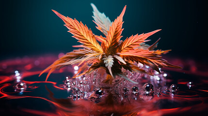 macro image of a cannabis plant submerged in a clear water droplet created with Generative Ai