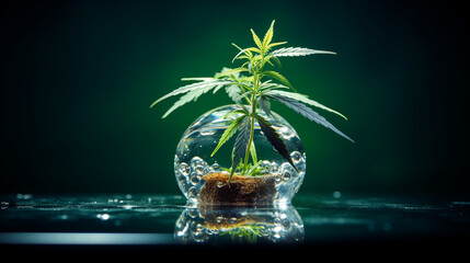 Fototapeta na wymiar macro image of a cannabis plant submerged in a clear water droplet created with Generative Ai