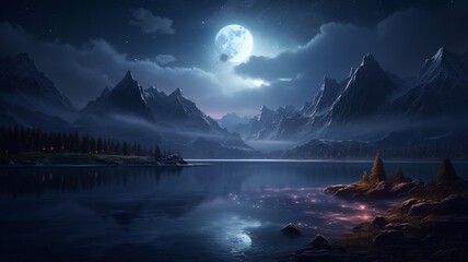 Moonlight lake fantasy high resolution beautiful image Ai generated art