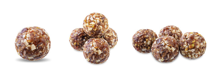 Dates and nuts raw healthy balls on a white isolated background