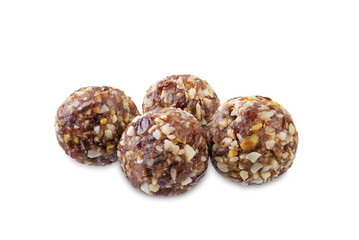 Dates and nuts raw healthy balls on a white isolated background