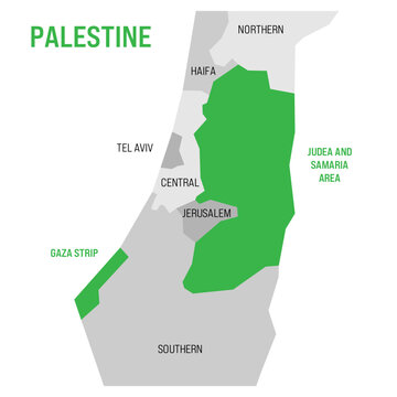 Political map of Palestine highlighted in the map of Israel. Green colored Gaza Strip and Judea and Samaria Area. Vector Illustration