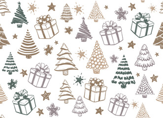 Christmas tree, New Year set, hand drawn illustrations. Vector.	
