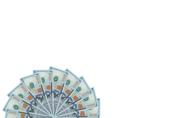 Obraz premium fan of dollar bills isolated on white background. Top view.