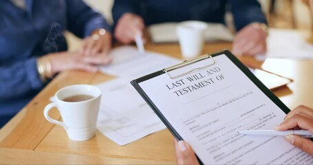 Closeup, people and hands for document, testament or contract for insurance, last will and meeting in home. Planning, funeral or death of preparation for healthcare at table, tea and elderly couple