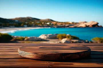 Wooden table top on blurred background of sea island and blue sky