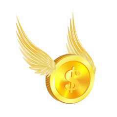 Flying golden coin with golden wings isolated on a white. 3D Vector