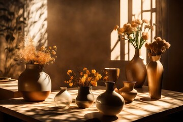 Vases and objects on the table in a warm room with sunlight 