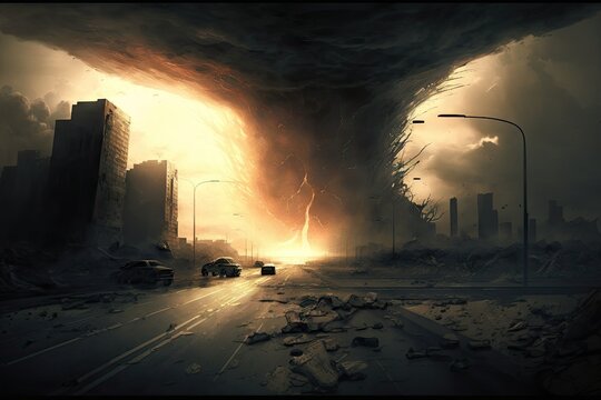 Conceptual image of tornado destroying a city