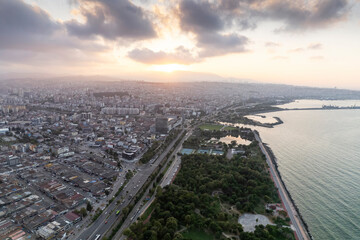Aerial city center and port at night. Samsun, Turkey