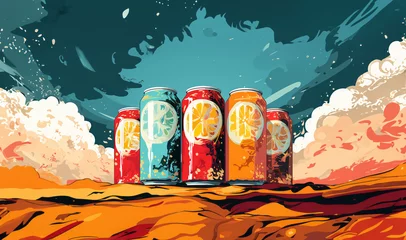 Foto op Plexiglas Soda cans in pop art style. Marketing and advertising. Refreshing drinks. Carbonated. Painting. © Delta Amphule