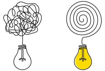 Messy and chaos circles with lightbulbs. Solving problem symbol. Creative idea linear concept. Vector illustration isolated on white.