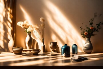 Vases and objects on the table in a warm room with sunlight 