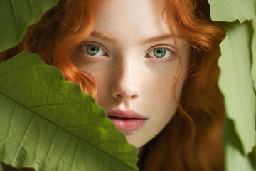 Beautiful girl with red hair freckles in the face looking from green leaves. Banner for beauty skin body care bio eco cosmetics concept - obrazy, fototapety, plakaty