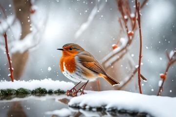 European Robin or Robin Redbreast songbird in snowy weather in winter.