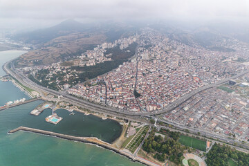 Aerial city center and port at night. Samsun, Turkey