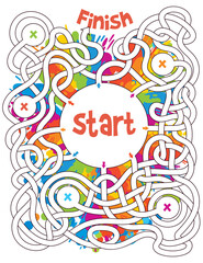 Colorful maze. Find the right path. Maze for children. Educational game for kids. Attention task. Choose right path. Worksheet page. Vector illustration. Isolated on white background