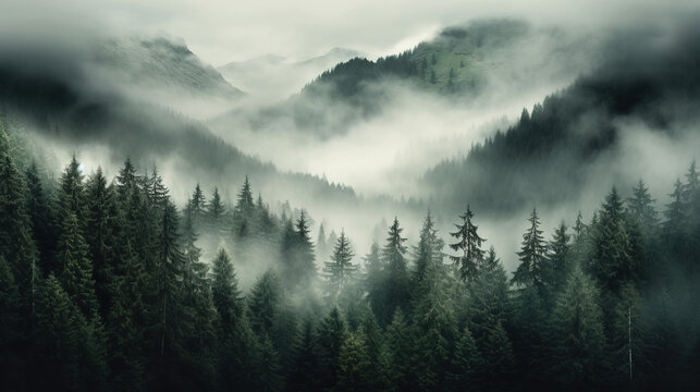 Fototapeta fog over mountains,dark forest