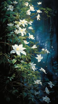 A moonlit garden where night-blooming jasmine releases its intoxicating fragrance.
