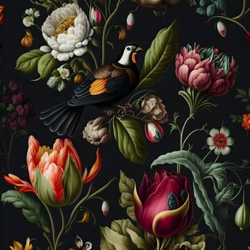 Rapport Pattern Renaissance Flowers Dutch Painting Tulips Reppetition Black Background Fruits Vegetables Birds High Quality 