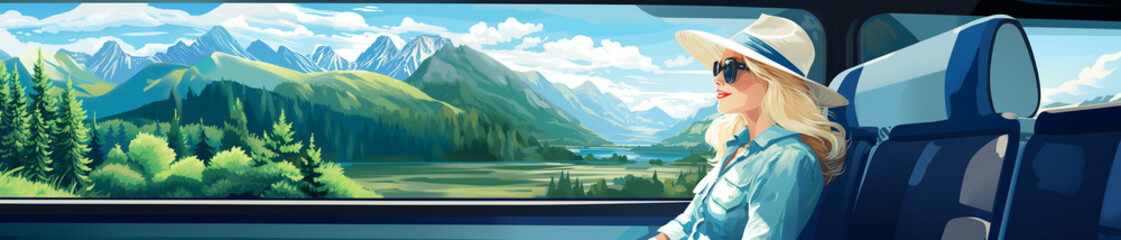 Train travel, elegant woman looking at mountains landscape from train window, illustration banner