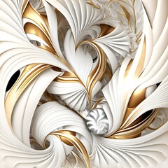 feathers combined and twisted in geometric patterns background gold sequence white silk 
