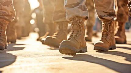 Close-up of men soldiers legs in uniform and boots on the sand ground. Marching at military camp. Leather shoe in sand color and brown camouflage pants. Army defense, mobilization and conscription