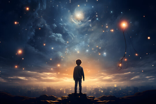 Little boy lives in fantasy dream world with magic, imagination sky