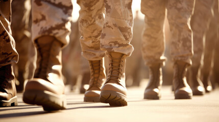 Close-up of men soldiers legs in uniform and boots on the sand ground. Marching at military camp. Army defense, mobilization and conscription
