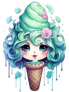 Cute little girl princess with ice cream, watercolor illustration.