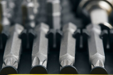 Set of attachments for screwdriver. Home repair tool.