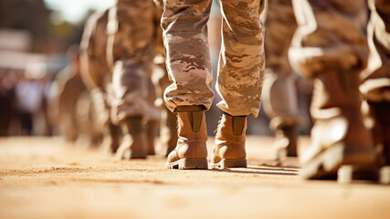 Close-up of men soldiers legs in uniform and boots on the sand ground. Marching at military camp. Army defense, mobilization and conscription - obrazy, fototapety, plakaty