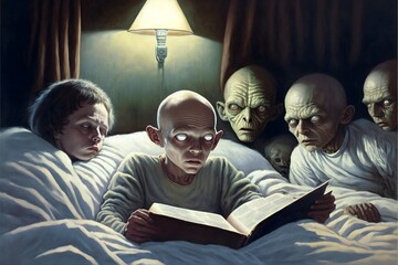 short bald pale alien creatures with large black eyes stand around a bed and watch a man sleeping communion book cover screencap 1980s horror movie realistic  - obrazy, fototapety, plakaty