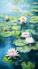A tranquil scene featuring water lilies floating atop a serene pond.