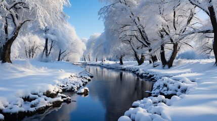 A scenic winter landscape with a winding river and snow-covered trees, perfect for a Boxing Day walk in nature