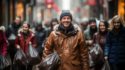 Fototapeta premium Shoppers carrying overflowing bags filled with Boxing Day bargains as they navigate a bustling shopping district