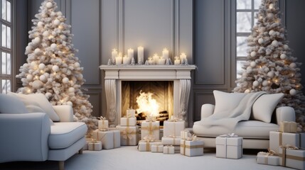 A cozy living room transformed into a winter with a decorated tree and presents on the fireplace.